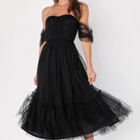 Lulus Divine Dreamer Off the Shoulder Tiered Midi Dress, Black,‎ Large, NWT - Picture 5 of 10